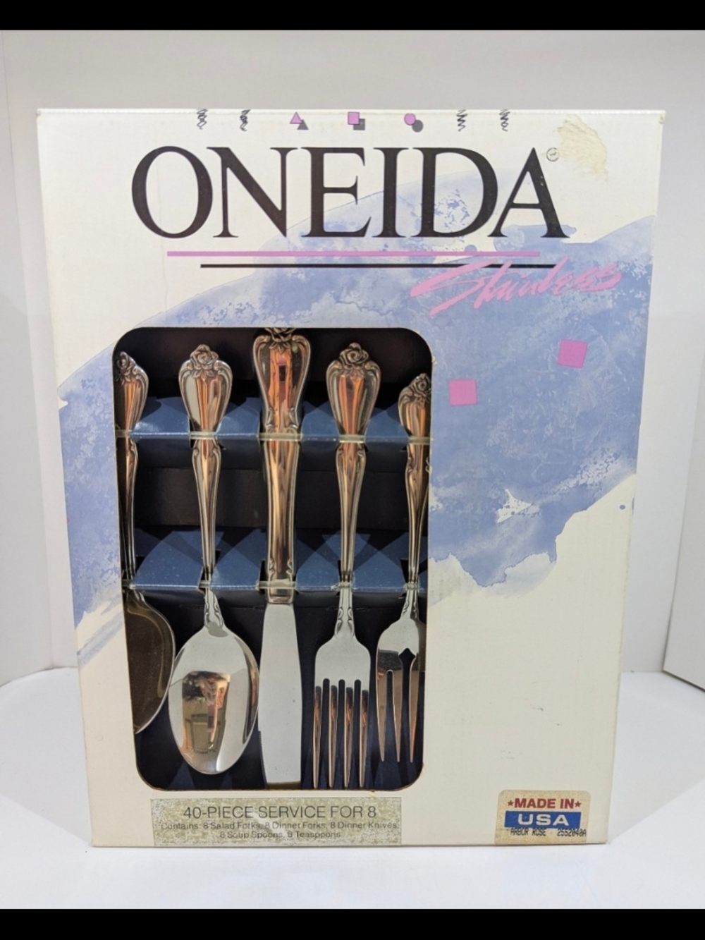 Vintage Oneida Arbor Rose Stainless Steel Flatware Set in Silver - Service for 8